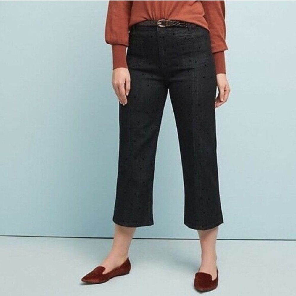 Anthropologie Pilcro Wide Leg Polka Dot Cropped Black Jeans NWOT